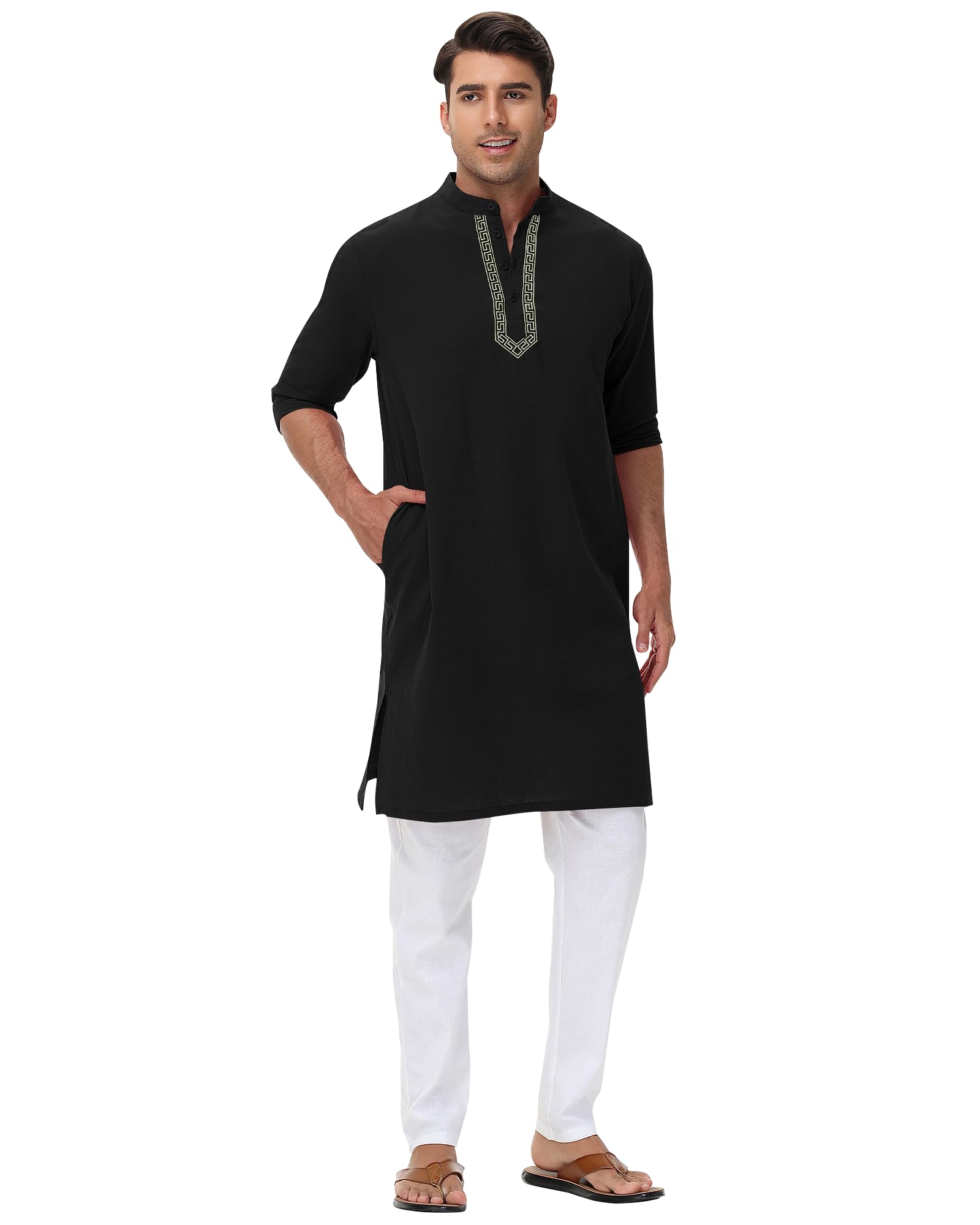 NANAMEEI Kurta Hombre de Algodón y Lino Manga Larga Tradicional Túnica India para Meditación y Yoga