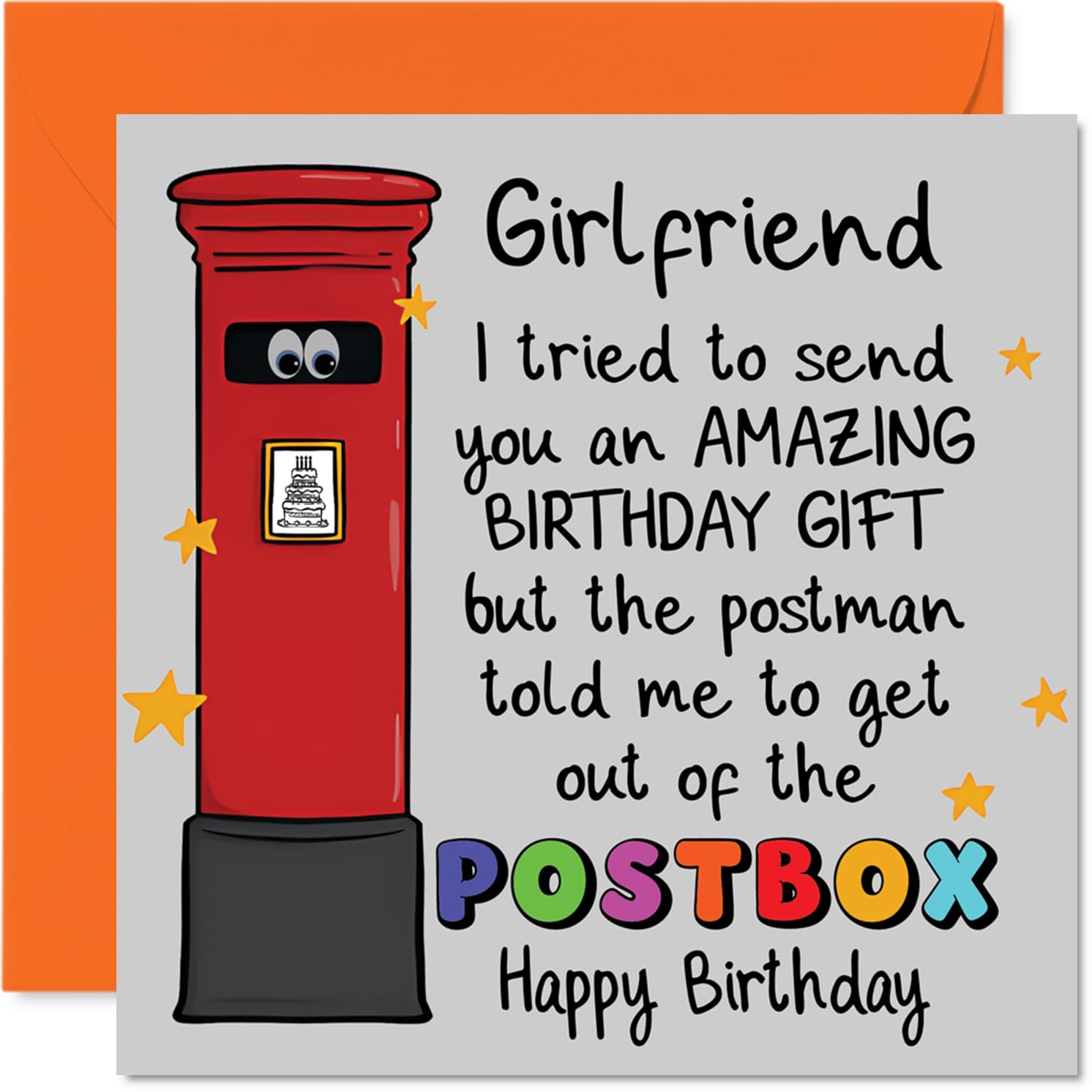 Funny Birthday Card for Girlfriend - Cheeky Birthday Giggles - Cartoon Postbox with Googly Eyes & Rainbow Stars - A Playful Surprise She'll Love - 145mm Square, Envelope Included