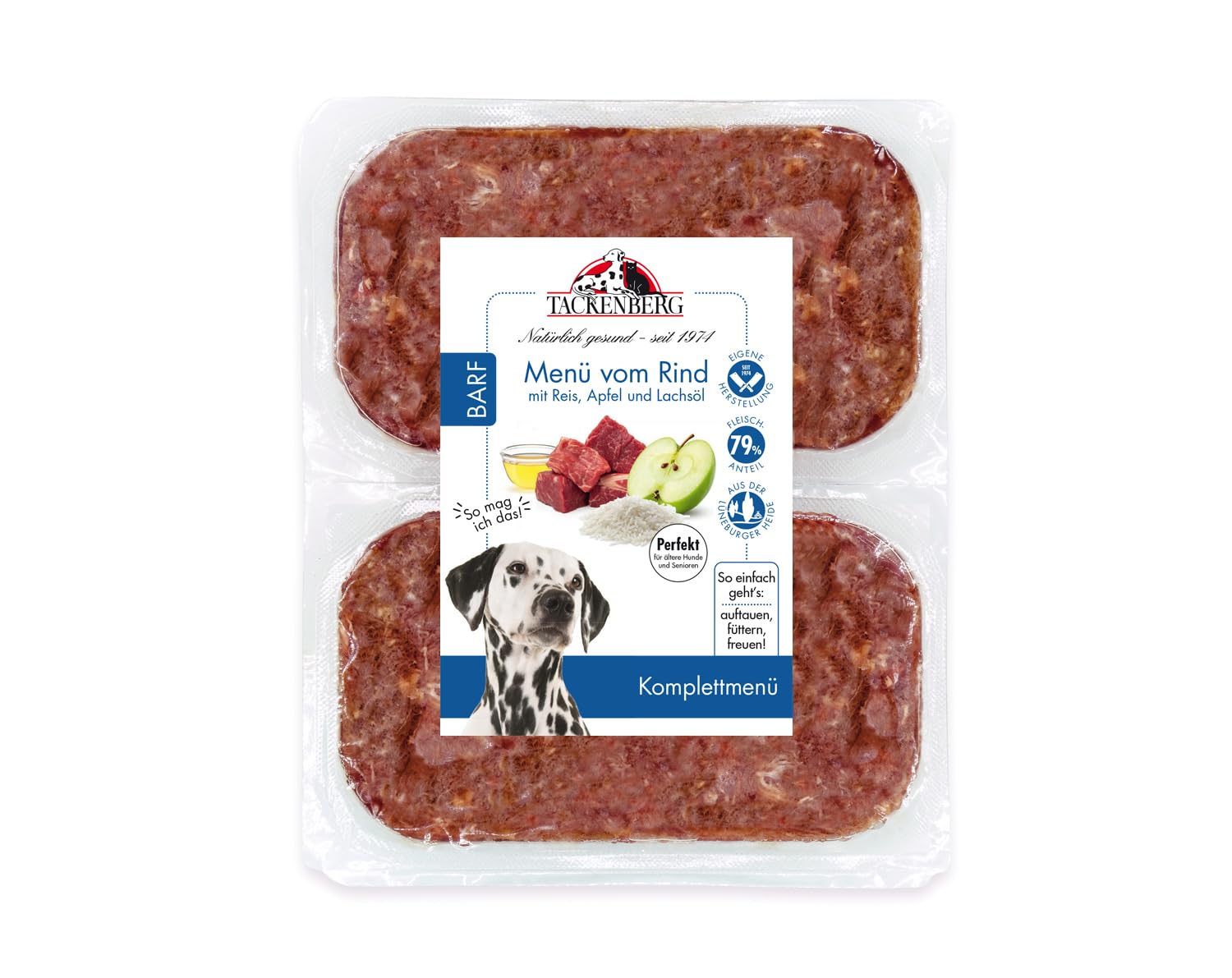 TACKENBERG Barf Menü mit Rinderfleisch, Reis, Apfel & Lachsöl für Hunde - 28 x 500 g - leckeres Frostfleisch als Hundefutter in Premiumqualität - ohne Zuckerzusatz - Gefrierfutter