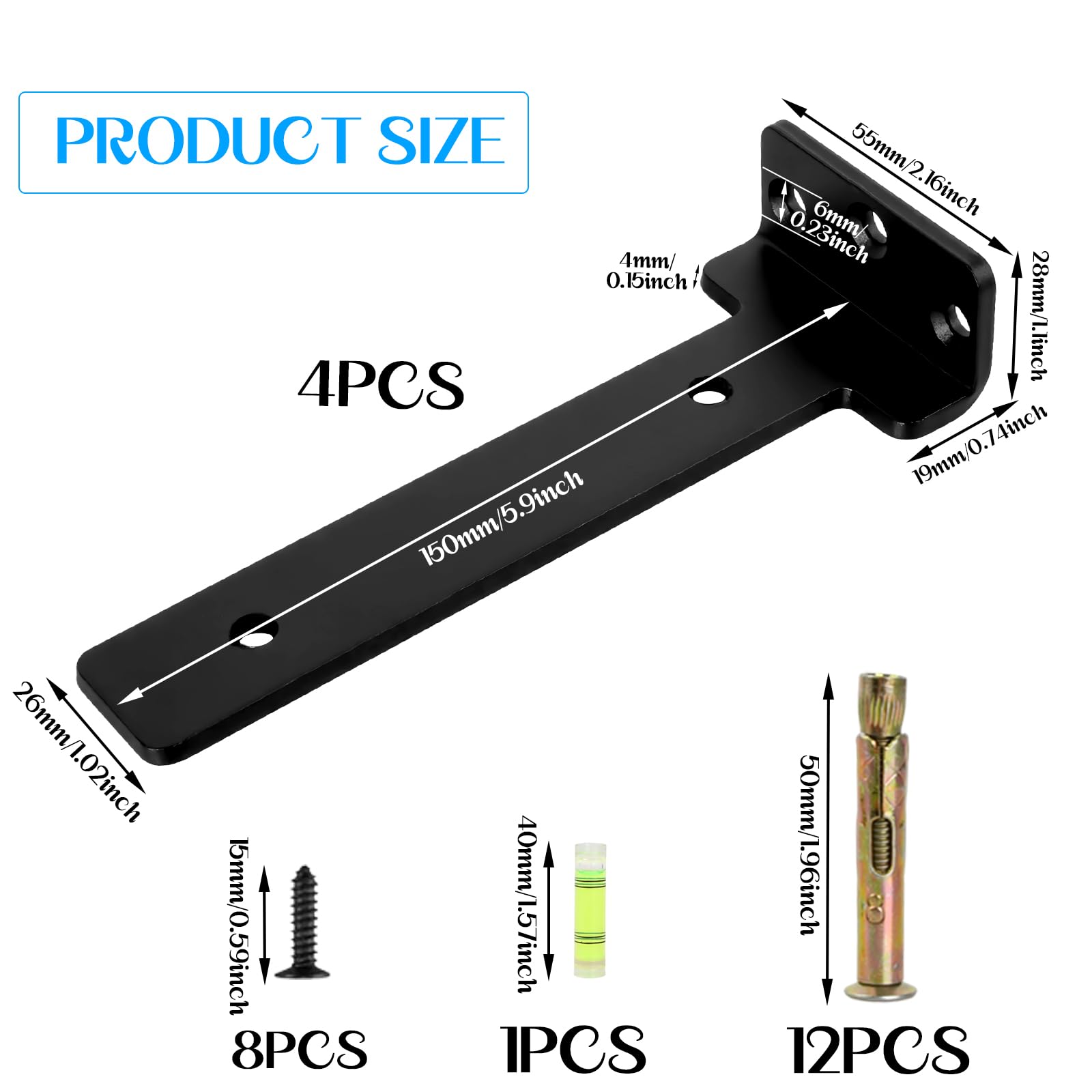 4 Pack 6 inch Heavy Duty Industrial Shelf Bracket, Black Floating Shelf Bracket with Screws and Wall Plugs - Image 2