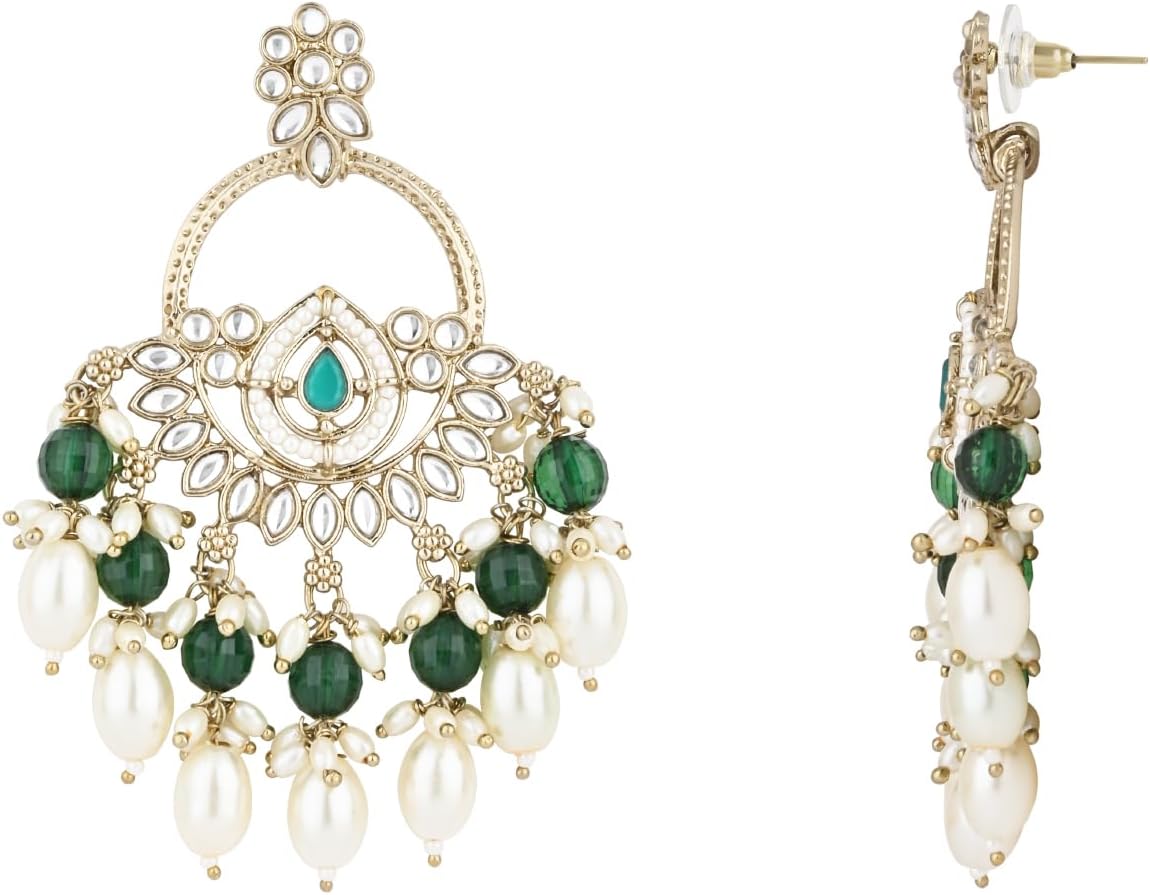 I Jewels Gold Plated Indian Wedding Bollywood Handcrafted Kundan Pearl Chandbali Dangle Earrings for Women