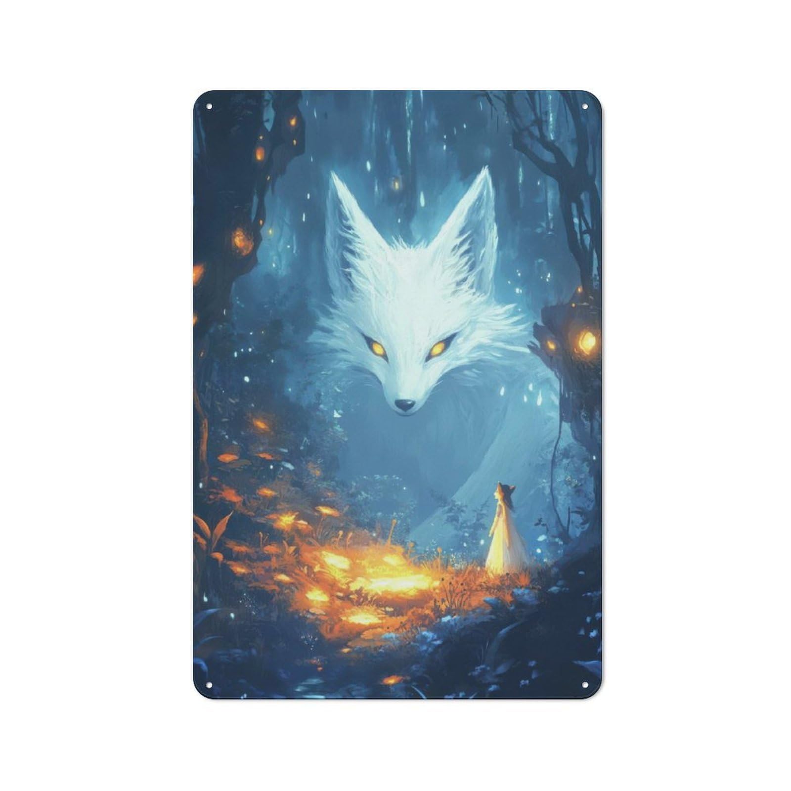 Junmoney Style Tin Sign With Enchanted Forest With Giant Fox Spirit Design 30X20cm, Creative Creative Space Decor For Home Office, Reading Corner Or Bedroom