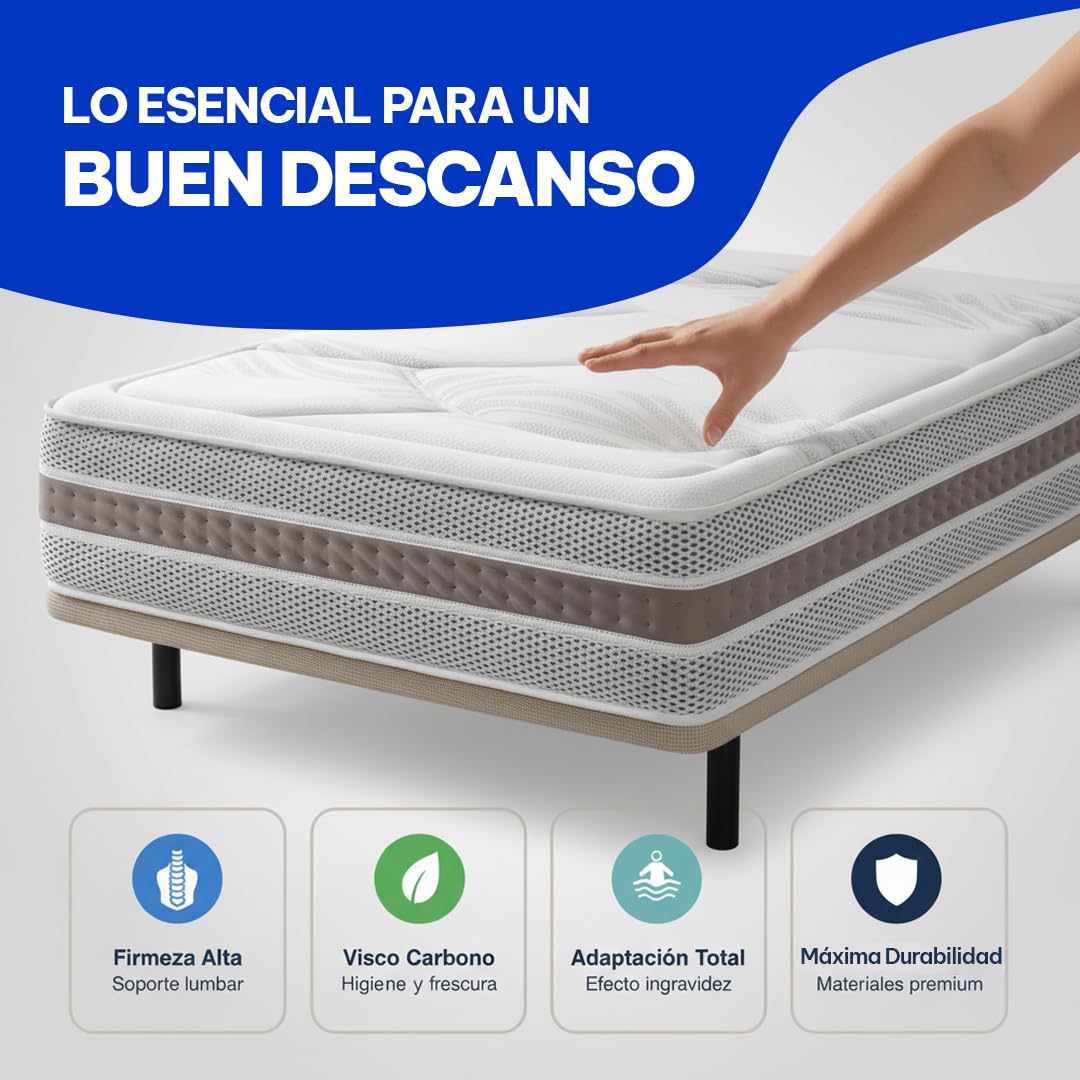 Moisury Colchón viscoelástico 150x190 Efecto Nube - 6 centímetros de viscoelástica Carbono - Colchón de firmeza Alta y Super Adaptable - Óptimo para Dolores de Espalda