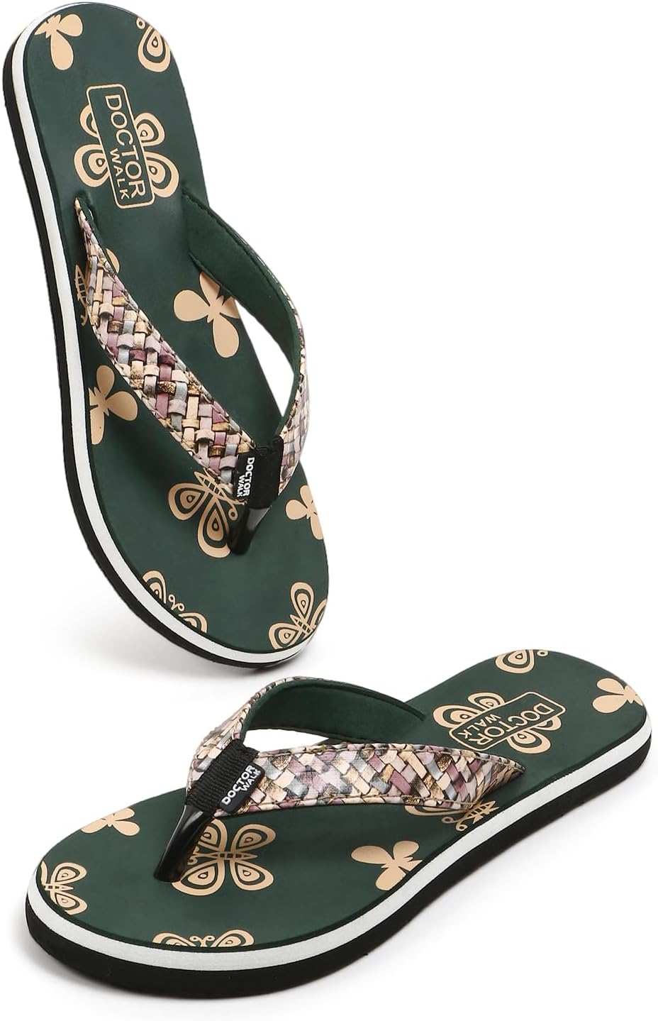 Doctor Walk Women's Butterfly Print Flip Flops with Woven Straps, Black and White, Comfortable Anti-Skid Footbed Slipper