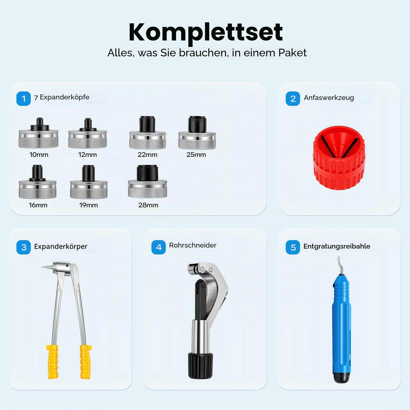 Rohrexpander Aufweitzange Rohraufweiter Satz, Manuelles Rohrweiter 10-28mm Aufweitzange Muffenzange mit Tragetasche & 7 austauschbaren Expanderköpfe ermöglichen für Kupfer-, Aluminium Aufweiten