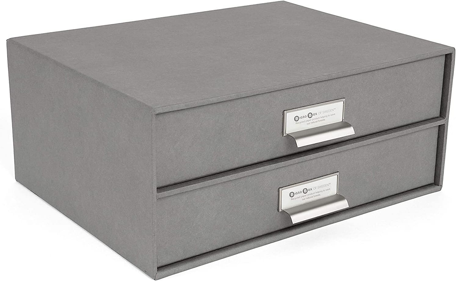 Bigso Box of Sweden Birger 2-Drawer Fiberboard Label Frame Document Letter Box for Loose Papers, Documents and More | Desktop Storage Drawers w/Metal Label Holder | 13.1" x 10" x 5.7" | Grey