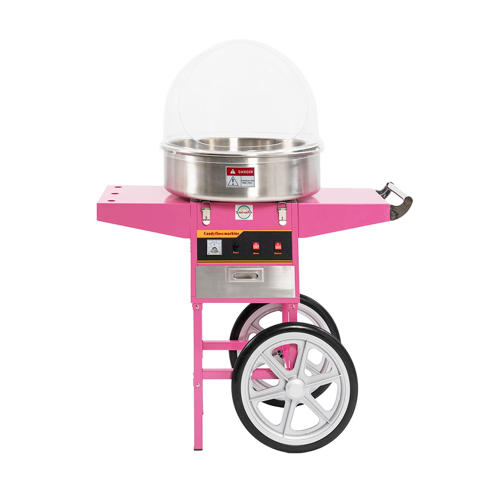 Máquina de Algodón de Azúcar Profesional con Carrito y Cúpula de Metacrilato Resistente. Algodonera Fácil de Limpiar para Eventos con Garantía Incluida.