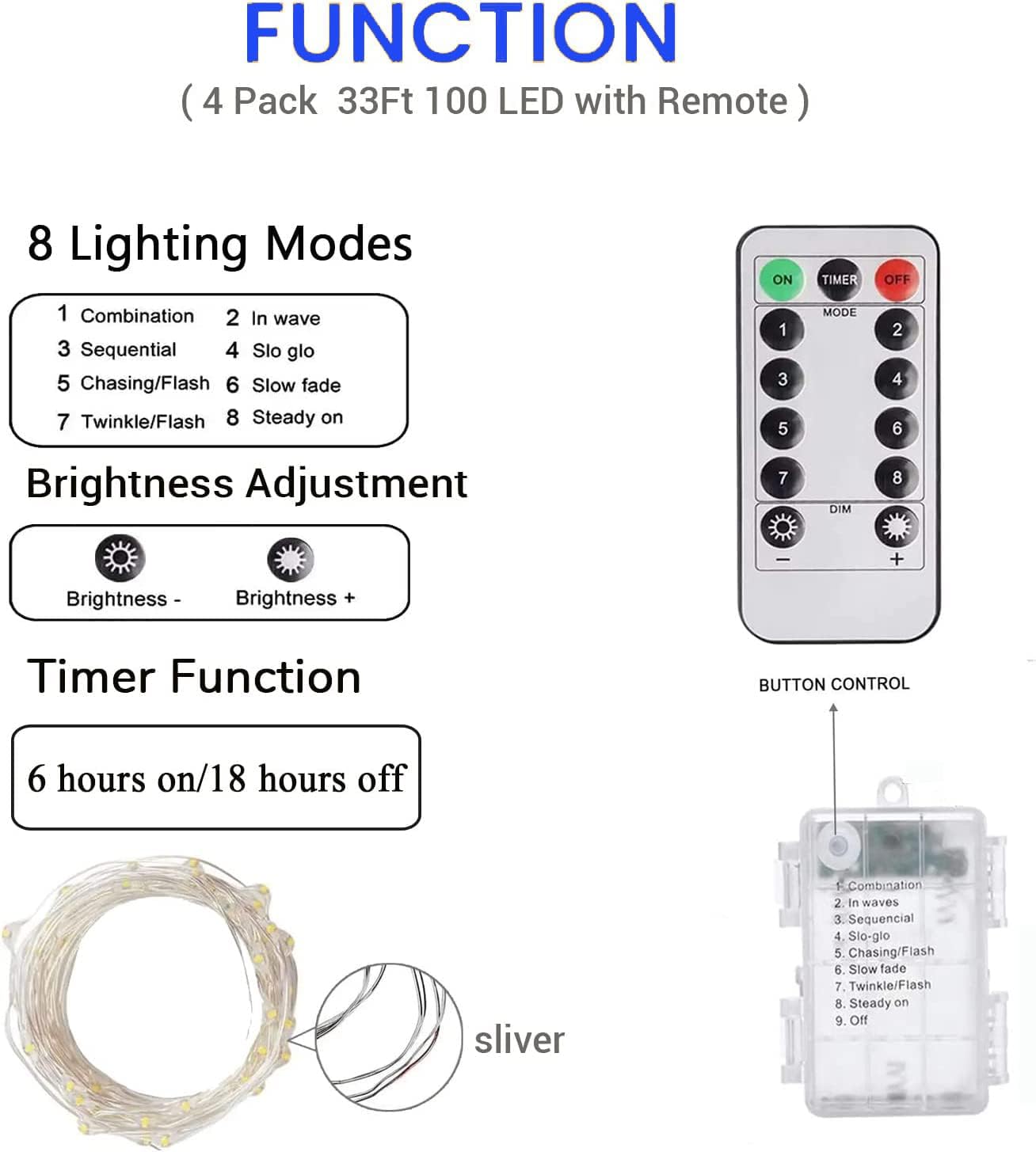 4 Pack 100 LED Fairy Lights Battery Operated with Remote, 33FT Waterproof Twinkle Lights with Timer & 8 Modes, Fairy String Lights Outdoor Indoor for Bedroom Classroom DIY Christmas Decor (Blue)
