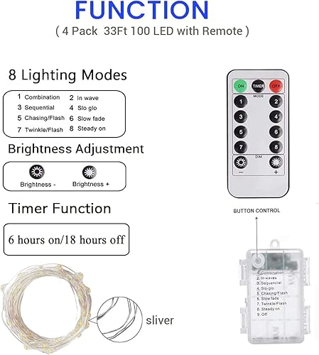 Vista 65 de Paquete de 4 100 luces LED que funcionan con pilas, con control remoto, luces parpadeantes impermeables de 33 pies con temporizador y 8 modos