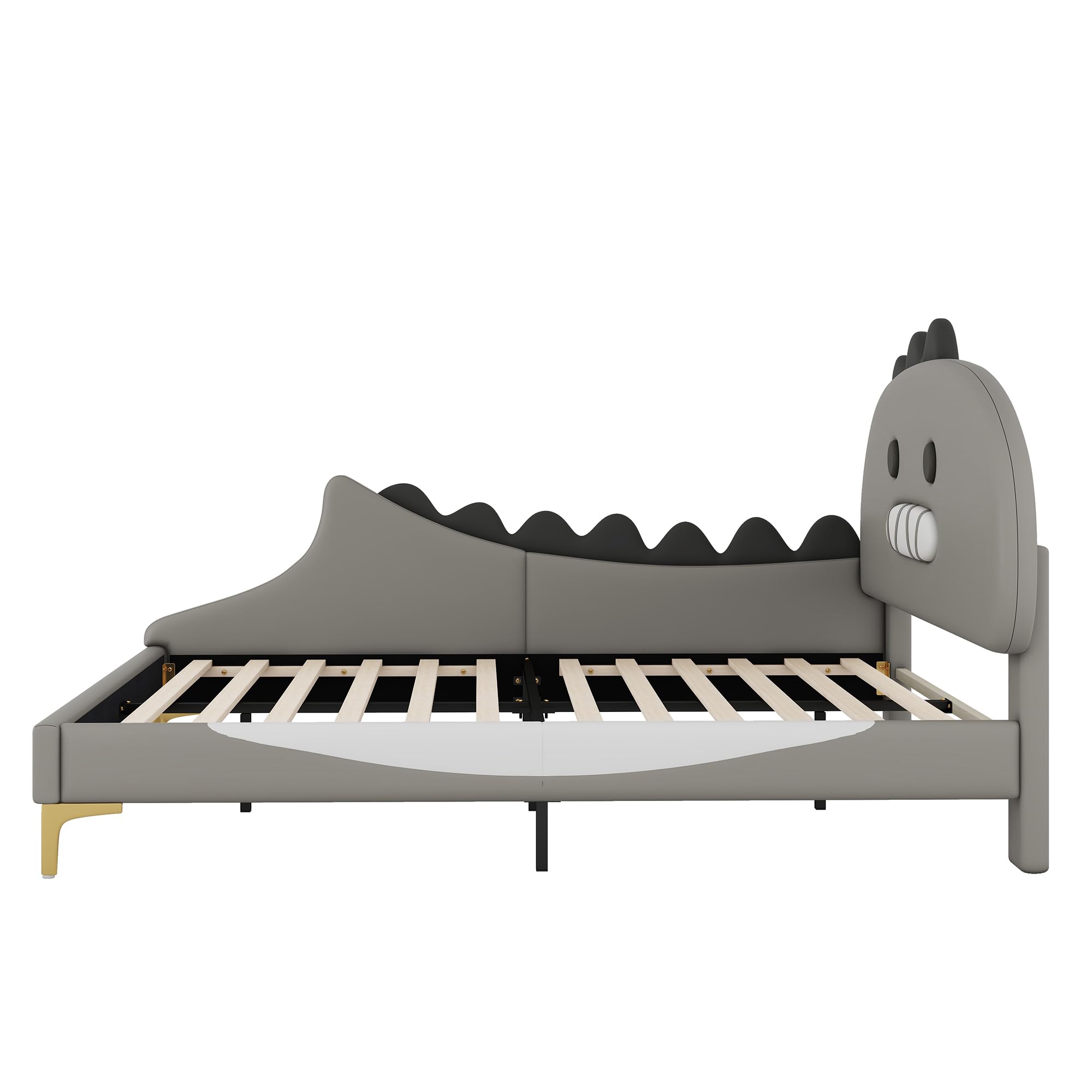 Cama infantil de 140 x 200 cm, diseño de dinosaurio, cama plana, material de poliuretano, color gris