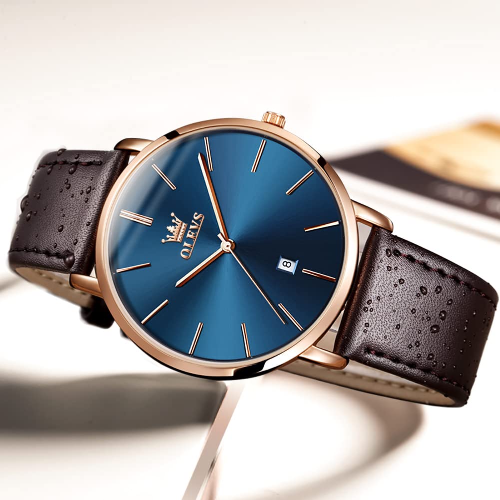 OLEVS Mens Wrist Watches Ultra Thin 6.5mm Minimalist Business Dress Waterproof & Date & Leather Strap Slim Watches for Men