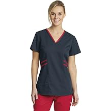 Grey's Anatomy Active 41458 Women's V-Neck Top, Steel/Scarlet Red, M