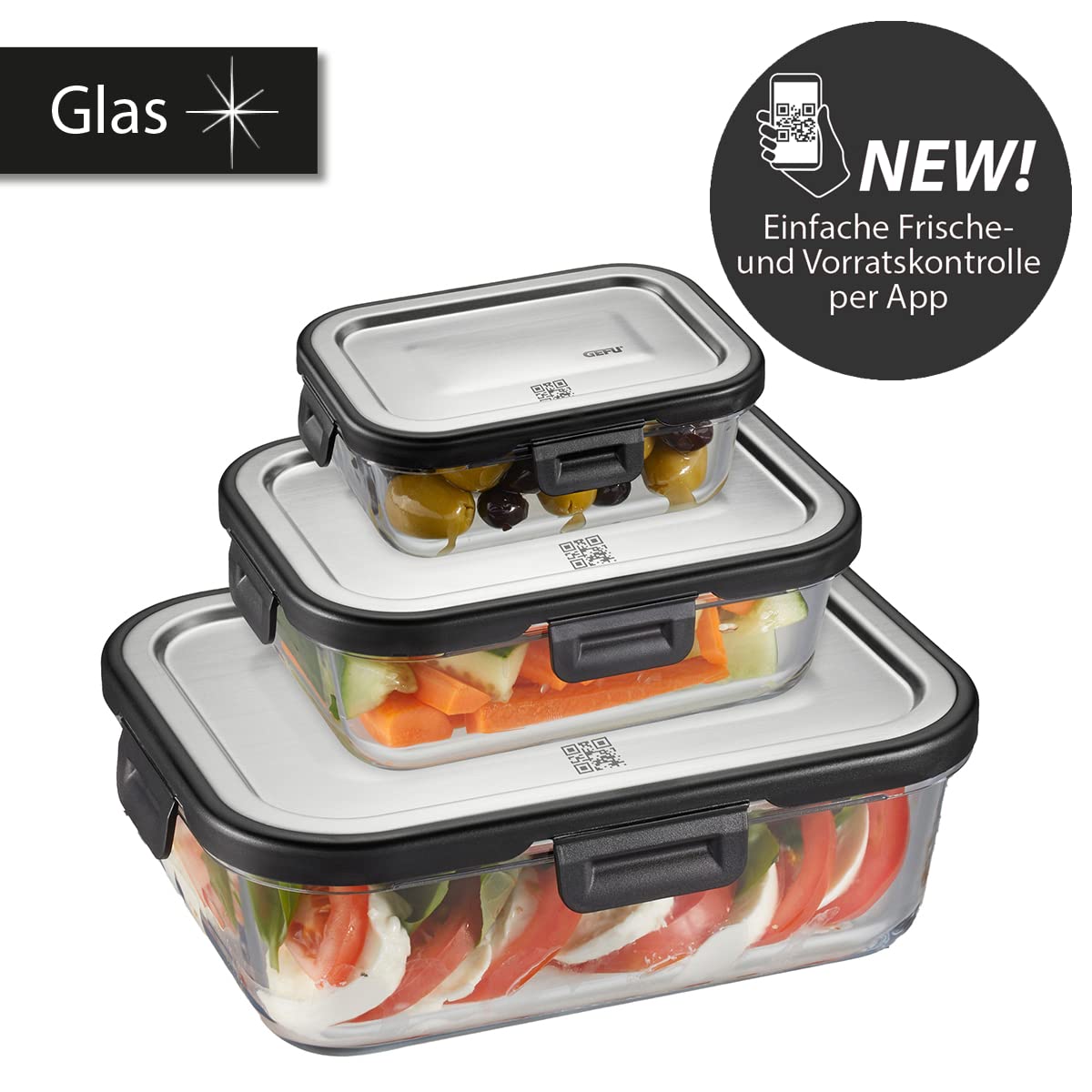 GEFU 3er Set Glas-Frischhaltedosen MILO - Vorratsdosen mit Edelstahldeckel | Luftdichte Aufbewahrungsbox aus Borosilikatglas - Ideal für Meal Prep, Mikrowelle und Gefrierschrank - QR-Code zur Kontrolle