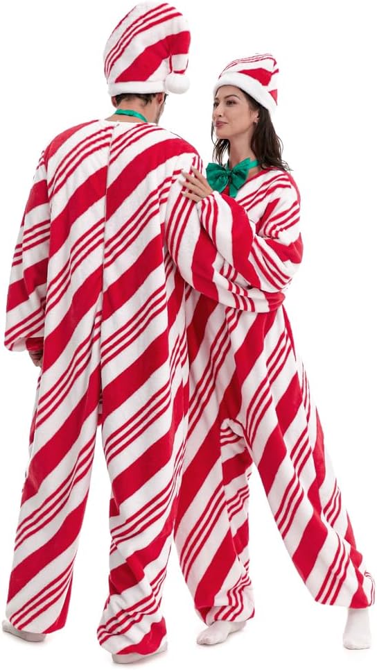 HSCTEK Fuzzy Teddy Fleece Adult Candy Cane Onesies Costume with Hoodie - Image 6