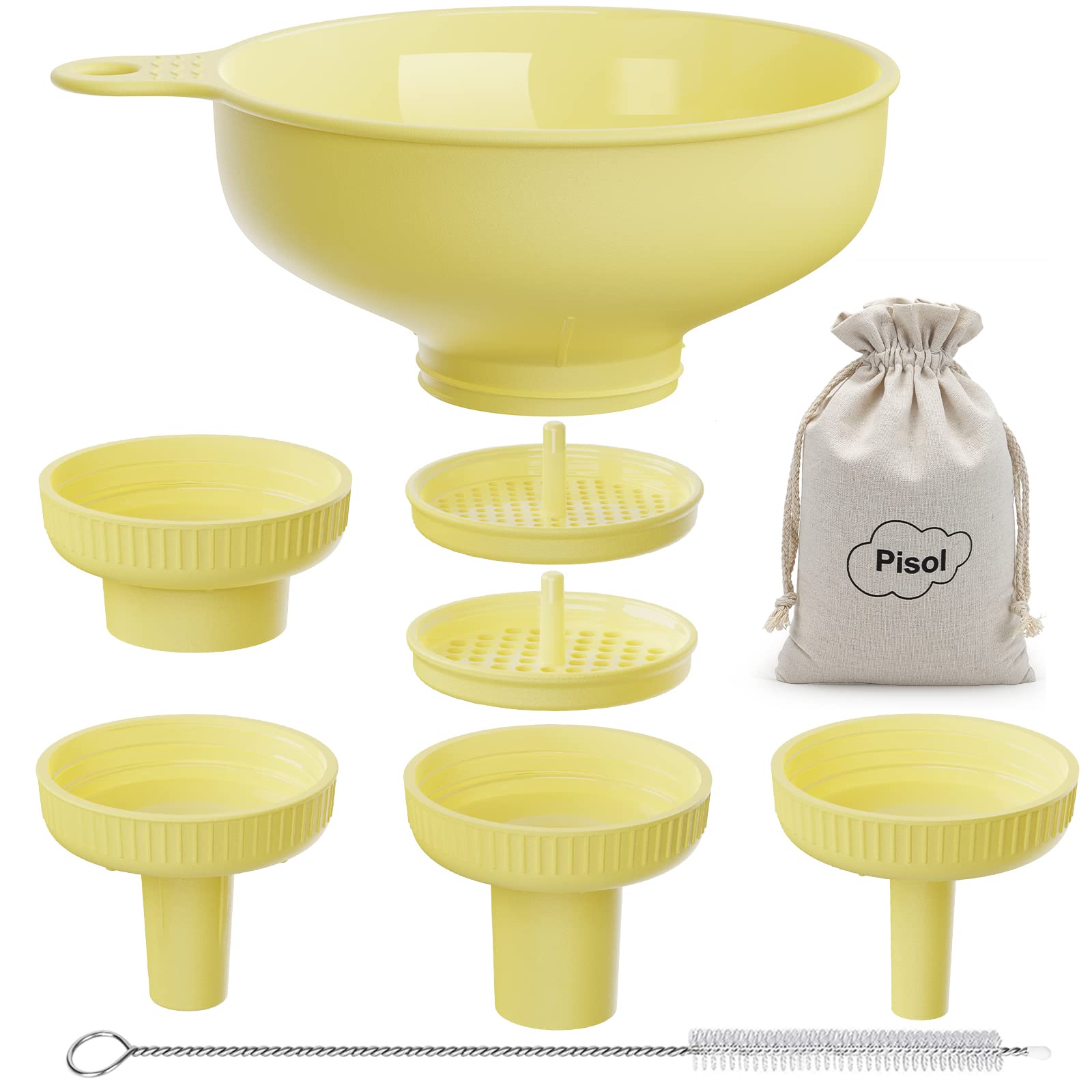 Wide Mouth Versatile Funnel, Canning Funnels for Kitchen Use, Food Grade Plastic Cooking Funnel Set with 4 Size Spouts and 2 Strainers for Filling Different Bottles and Bags, Yellow