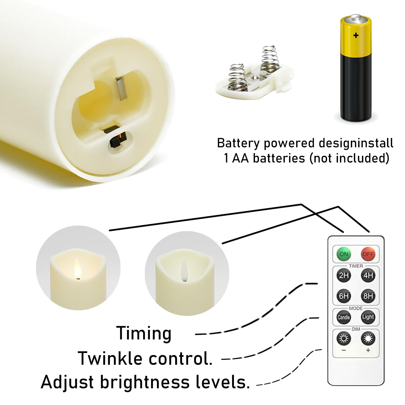 kakoya Velas parpadeantes sin llama, velas LED acrílicas que funcionan con pilas con control remoto y temporizador, juego de 9 (marfil)