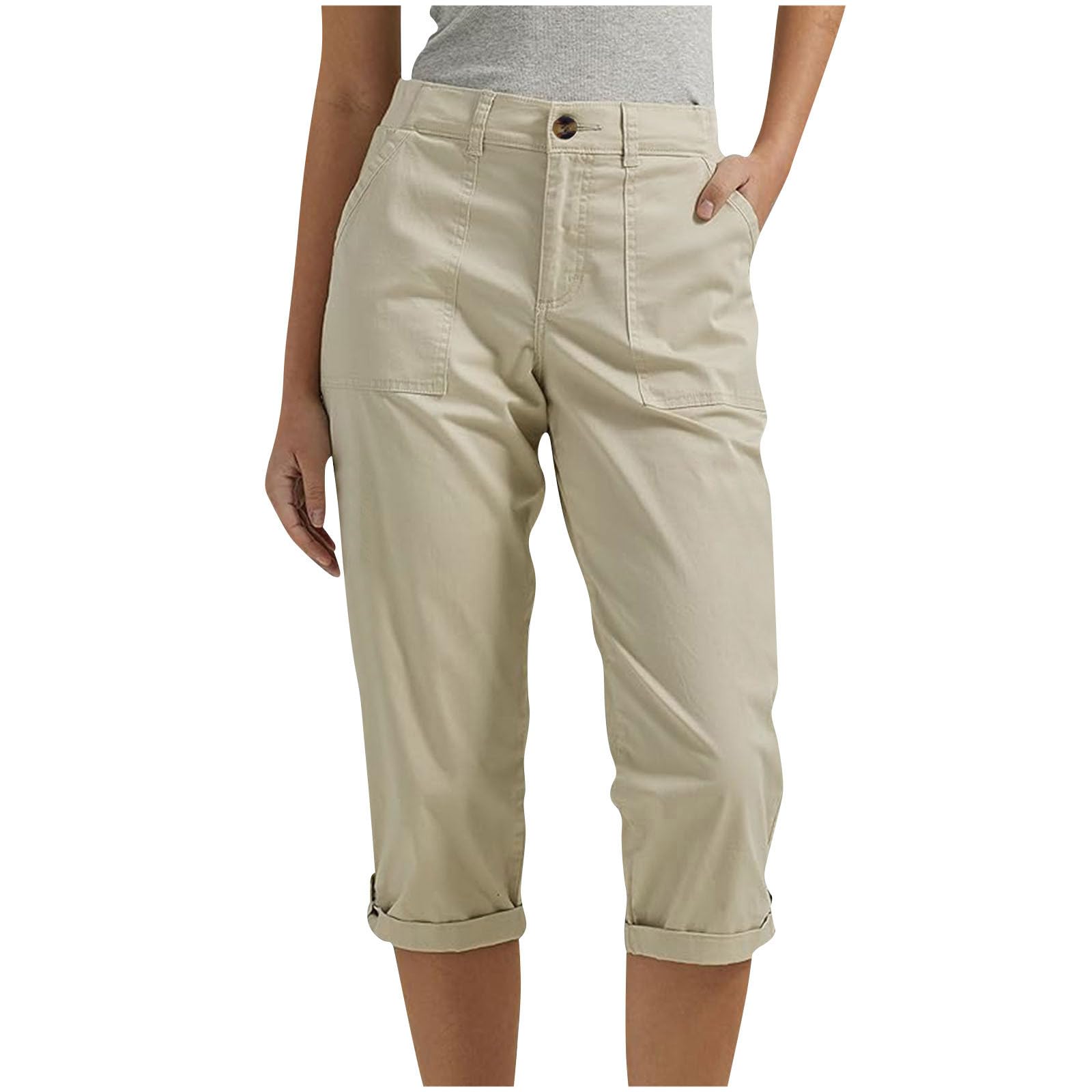 Slakkenreis Women Capri Pants Summer Casual Hiking Pants Elastic Waist Rolled Hem Dressy Capris Pull On Cotton Capri Pant