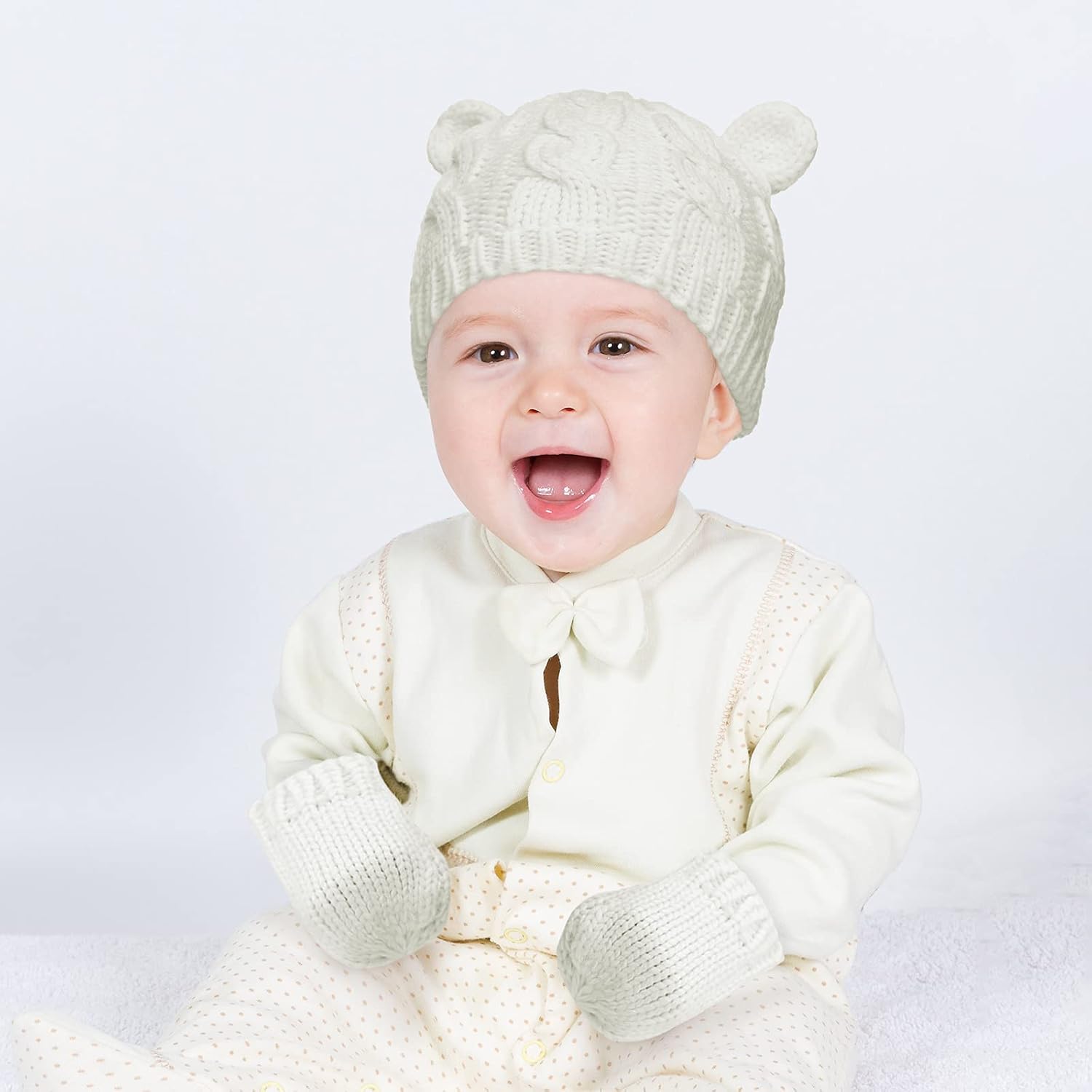 6 Pieces Baby Hats and Mitten Set Winter Newborn Unisex Beanie Hat Knitted Gloves Warm Cap Infant Toddler for Boys Girls 6 to 18 Months (Black, White, Gray) - Image 4