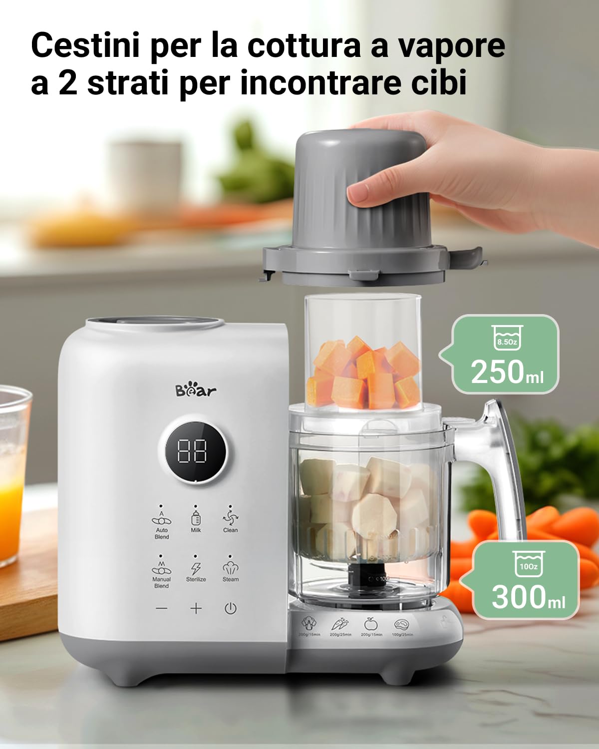 Bear Cuocere a vapore 6 in 1 con mixer Premium per alimenti per bambini (Bianco)