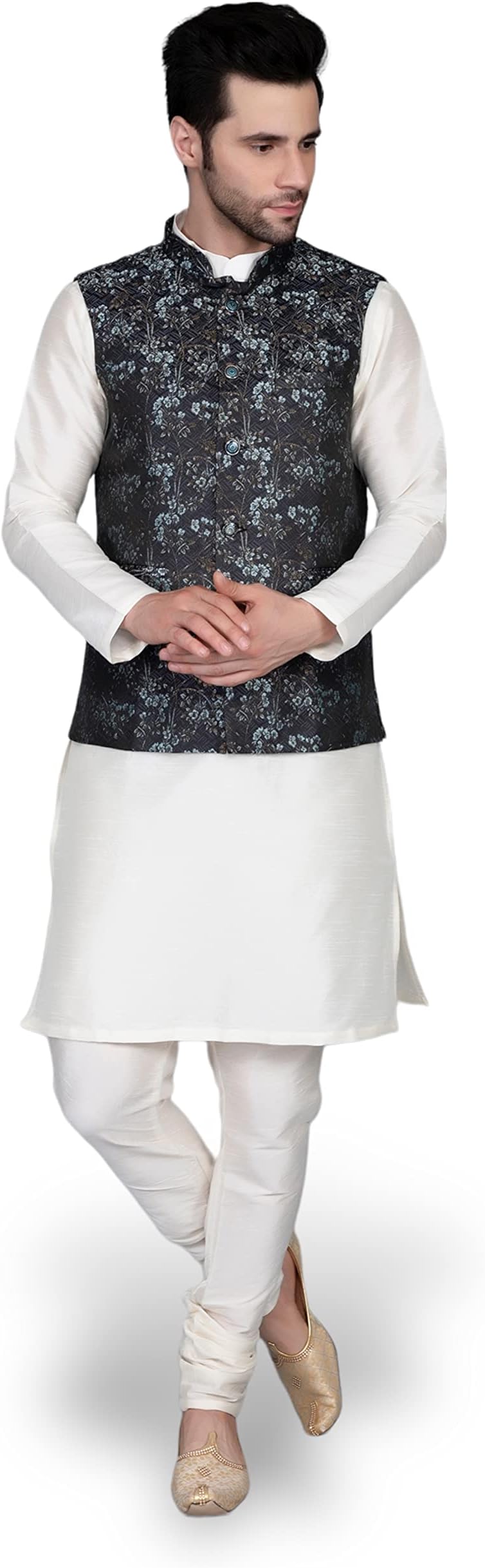 Ethluxis® Men's Silk Blend Kurta Churidar Pyjama with Ethnic Bundi Jacket Set
