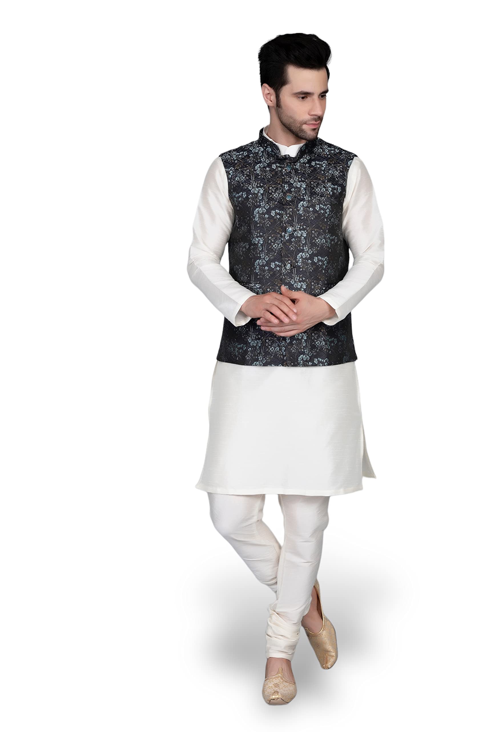 Ethluxis® Men's Silk Blend Kurta Churidar Pyjama with Ethnic Bundi Jacket Set