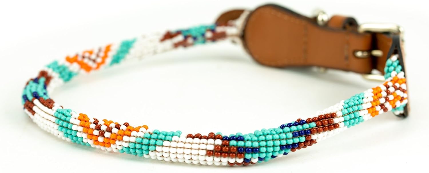 Sambboho- Rolled Dog Collar Saint Barth, Beaded Genuine Leather for All Dog Sizes, Soft Round for Puppy Small Medium Large Dogs, Black Leather (16-18", White)