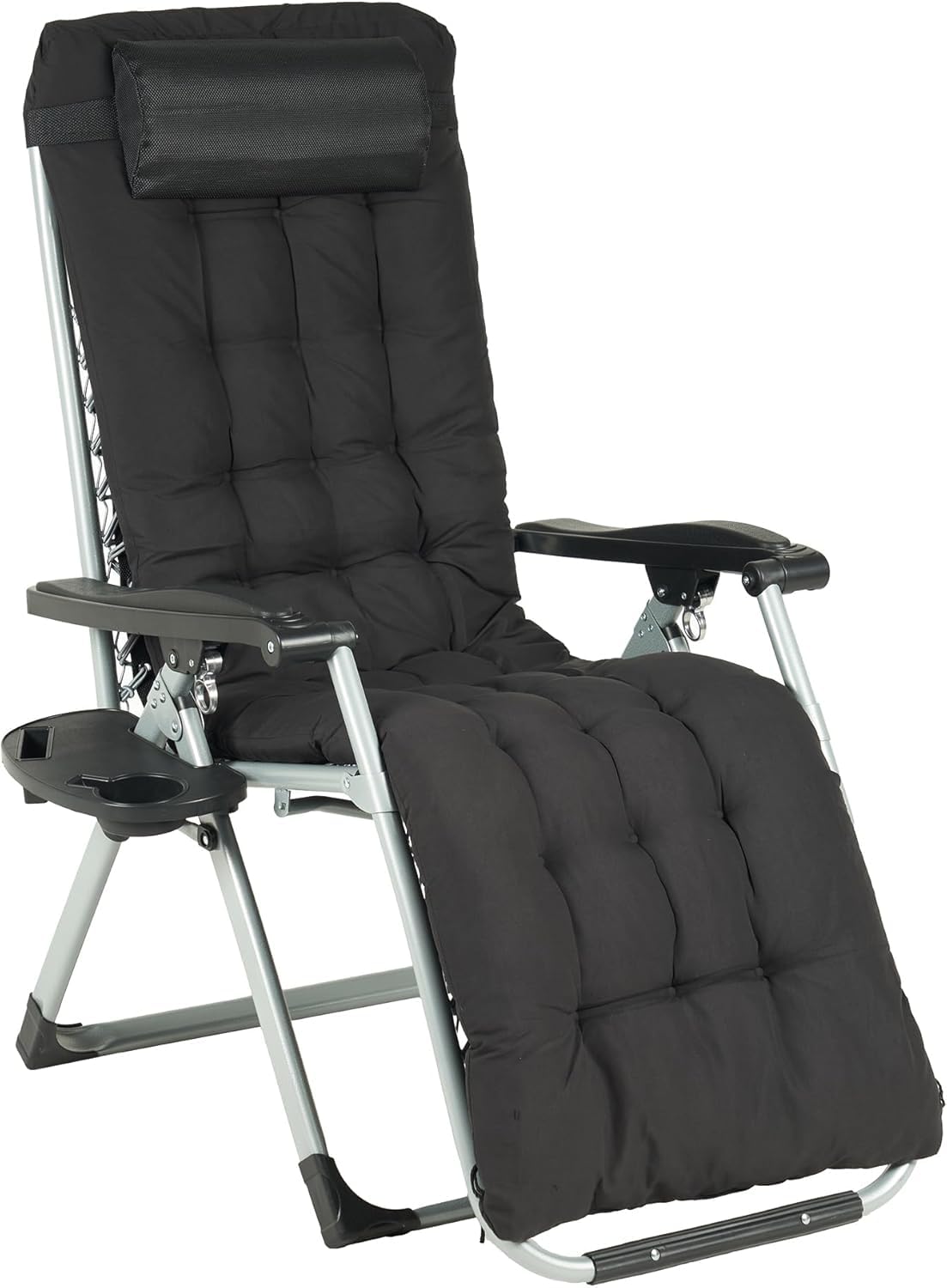 IlGruppone Sedia Sdraio 0 gravità Reclinabile Giardino Poltrona Pieghevole Relax Prendisole Lettino Cuscino Imbottito Portabicchiere Patio Campeggio Spiaggia con Poggiatesta Regolabile - Nera