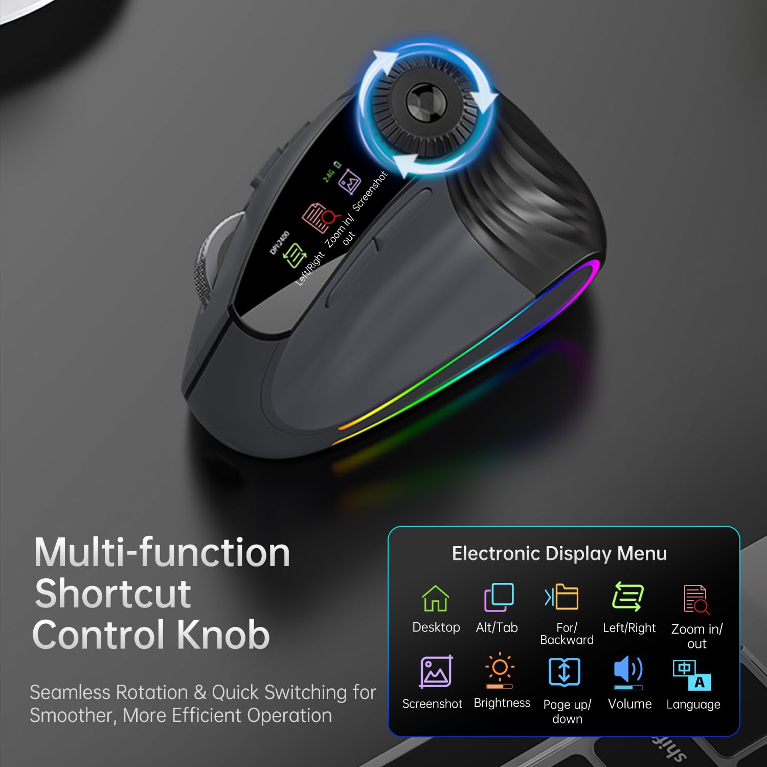 Mouse verticale ergonomico senza fili, ricaricabile Bluetooth ultraveloce scorrimento 4800 DPI, mouse Ergo 2.4G silenzioso clic 6 pulsanti mouse ottici RGB, 3 connettività multi-dispositivo