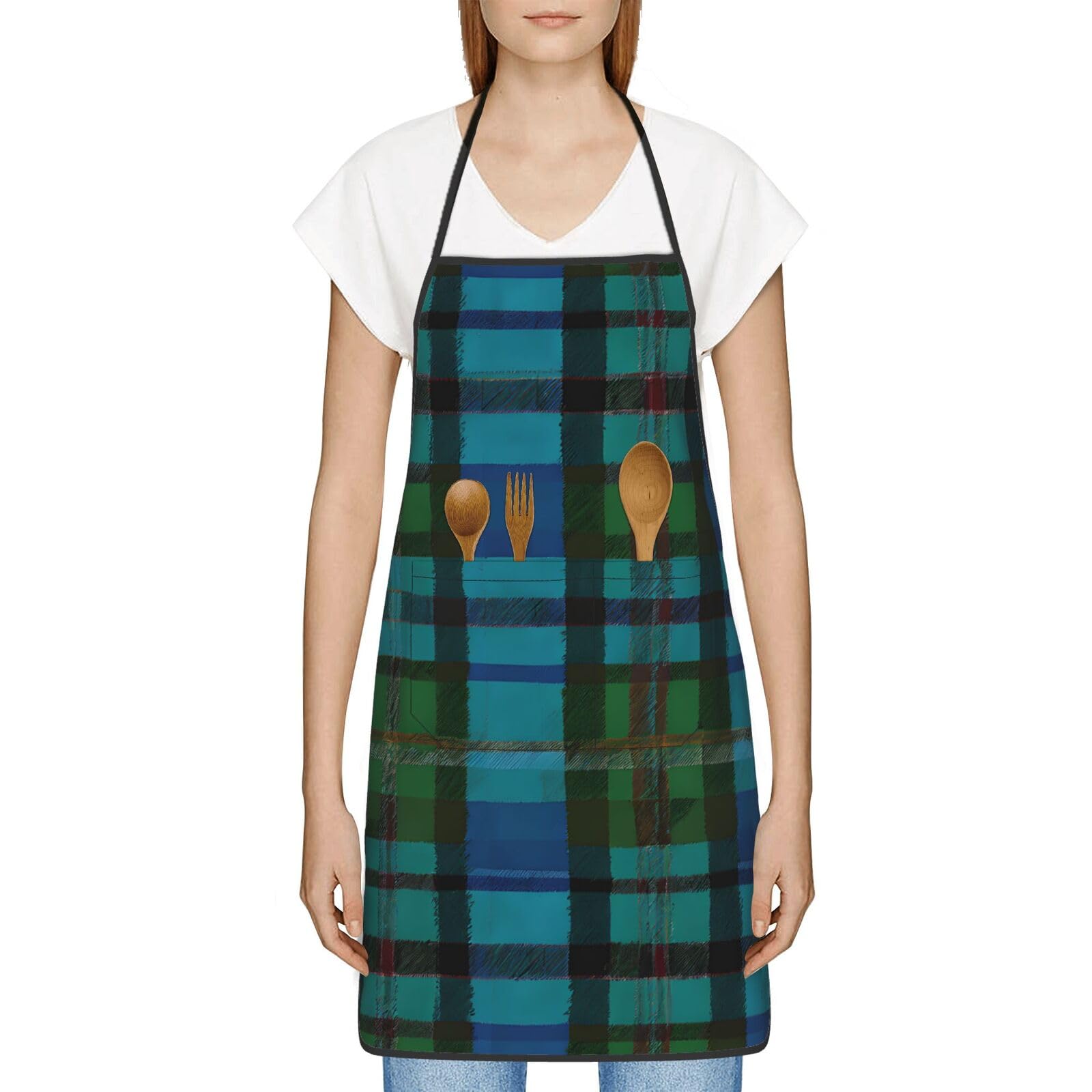 Aspoijhn Unisex White (Blue And Green Scottish Tartan) Stylish Adjustable Kitchen Apron With Pocket For Men Women Baking Grilling Cooking Craft Activities