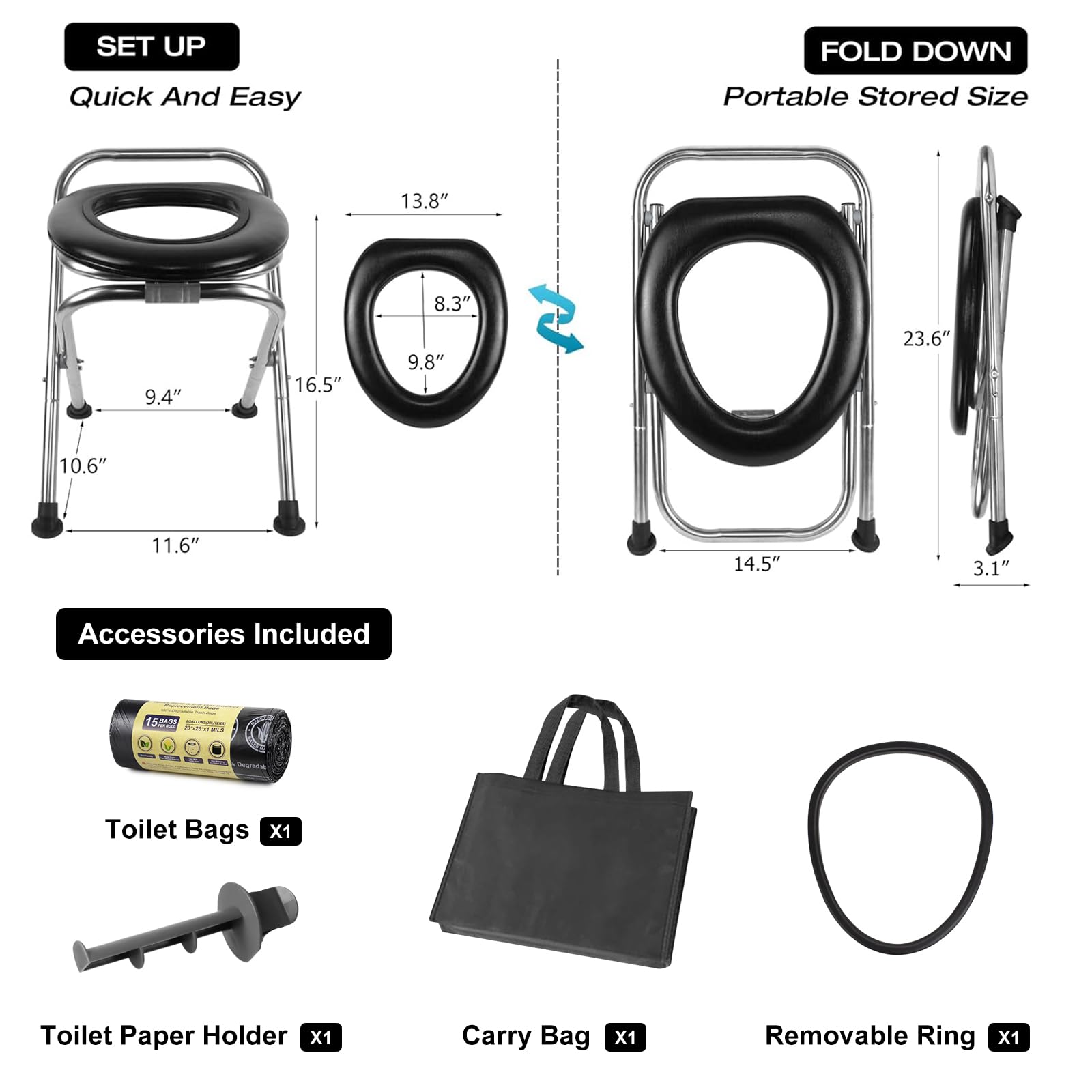 Verbesserte tragbare Toilette für Camping, Edelstahl, tragbare Toilette mit weichem Sitz, 158.8 kg Kapazität, tragbare Camping-WC, Falt-WC, tragbare Toilette für Camp, Wandern, Bootfahren