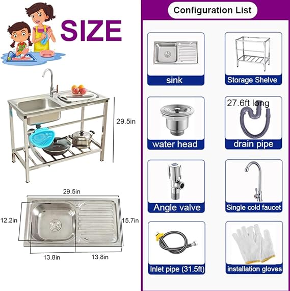 JEDAL Utility Single Bowl Sink Free Standing Stainless Steel Sink Workstation for Garage Camping Restaurant Garden, Washing Hand Basin w/Faucet, Prep & Utility