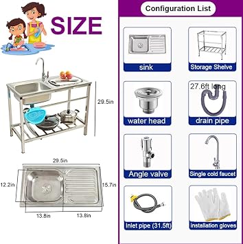 JEDAL Utility Single Bowl Sink Free Standing Stainless Steel Sink Workstation for Garage Camping Restaurant Garden, Washing Hand Basin w/Faucet, Prep & Utility