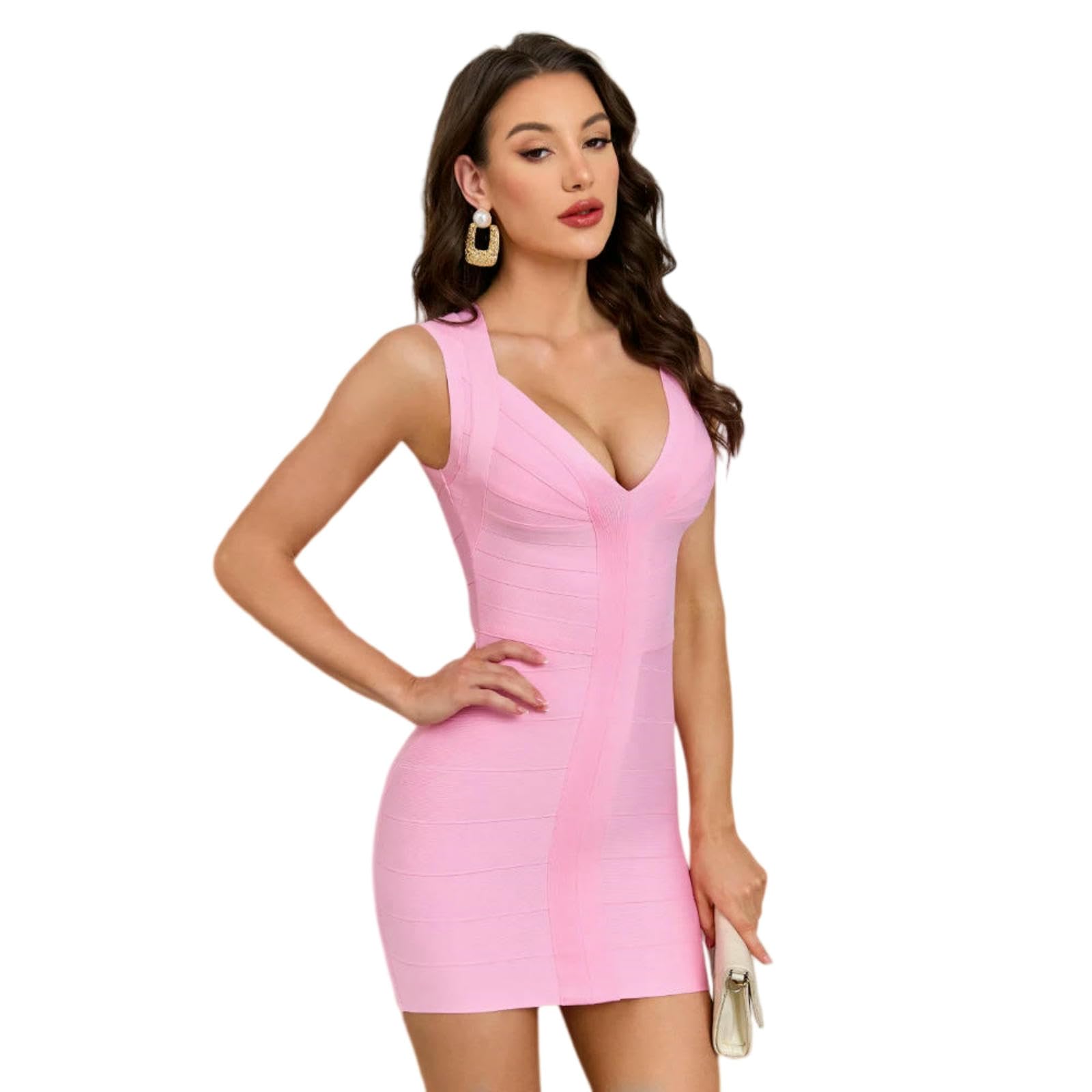 Vestito Elegante Donna Bandage Bodycon Mini Abito Slim Fit Plunge V Collo A Maglia Righe per Club Party Evening Outfit-Pink-s