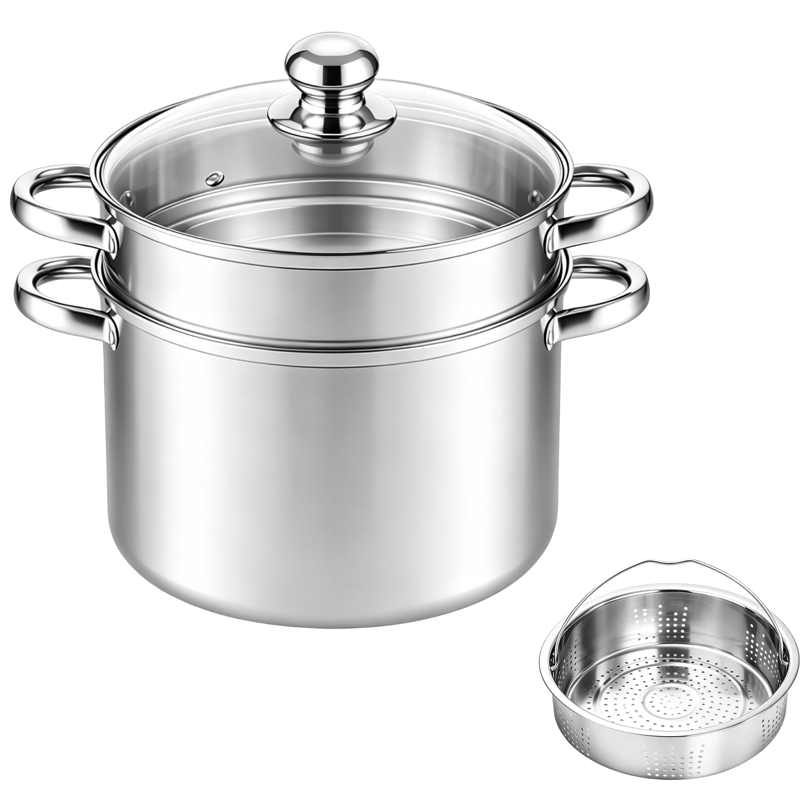 Edelstahl-Pastatopf mit Dampfkorb, 24 cm Multitopf für Nudeln und Suppen, Glasdeckel, für Pasta, Suppe, Frittieren, für Induktionskochfelder, spülmaschinengeeignet