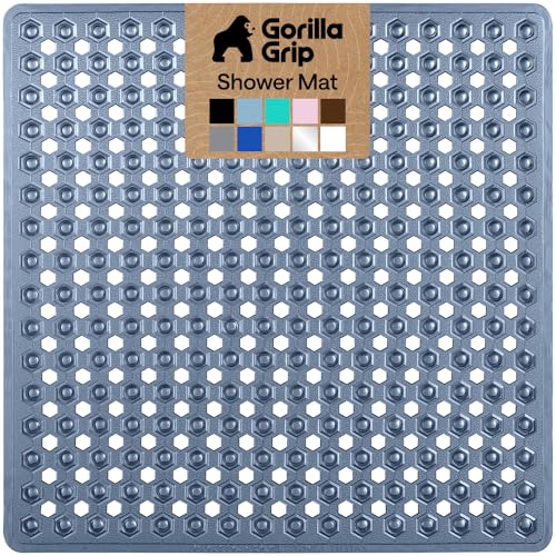 Image of GORILLA GRIP Patented Square Shower Stall Mat, Small Bathtub Floor Mats for Stand Up Showers, Suction Cups and Drainage Holes, Machine Wash, Soft on Feet, Bathroom Accessories 21x21 Inch, Navy Blue