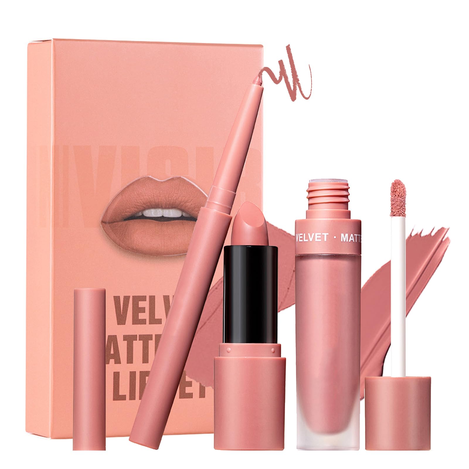 Nude Lipstick Set - 3PCS Matte Liquid Lip Stick Lip Liner Set - All-IN-One Lip Kit - Velvety Lipstick Set Stay On 24 Hours Waterproof Make Up Lip Set