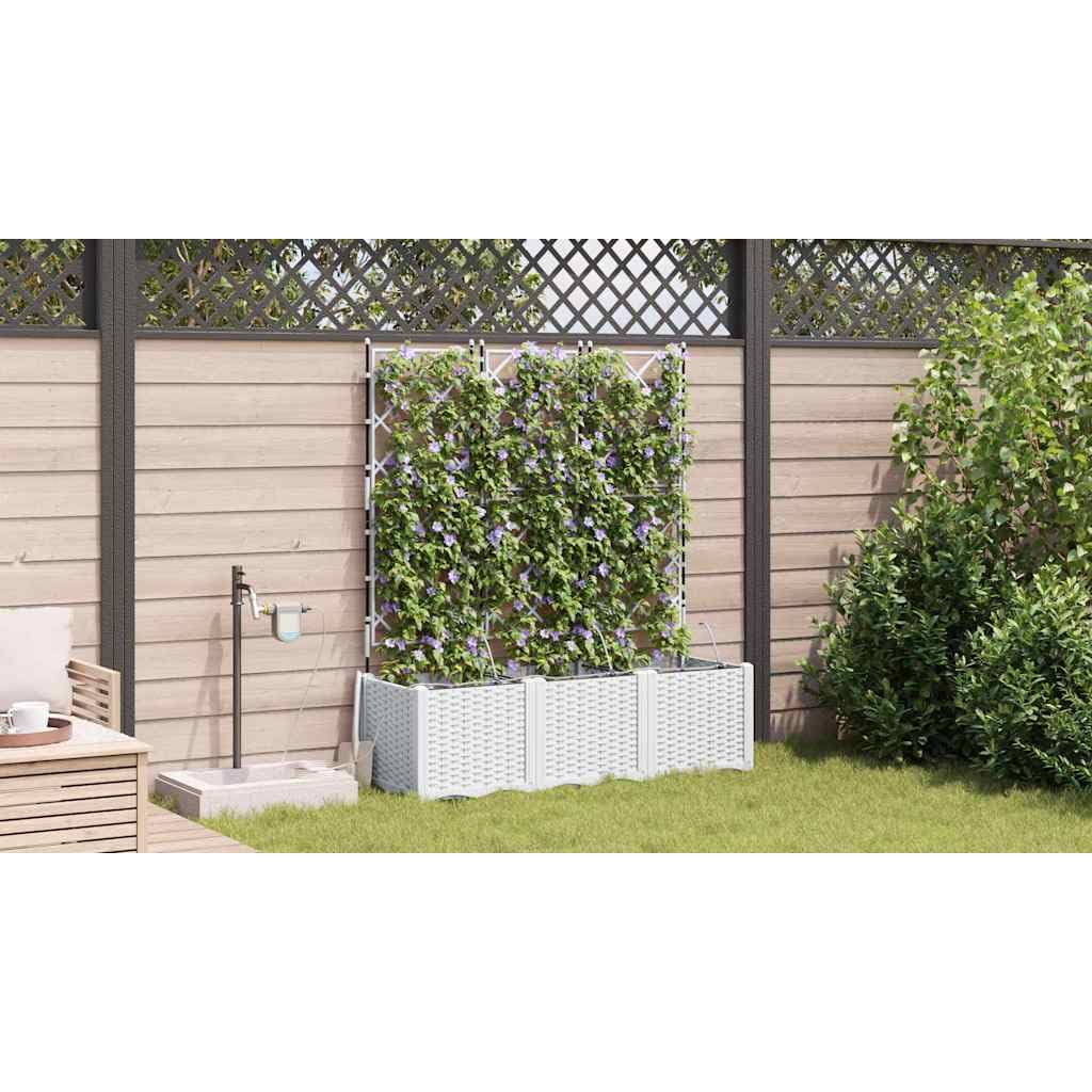Lot de 3 pots de fleurs de jardin avec système d'auto-irrigation, jardinière surélevée moderne en plastique pour jardin et terrasse - Blanc - Pour fleurs et herbes - 120 x 40 x 142 cm