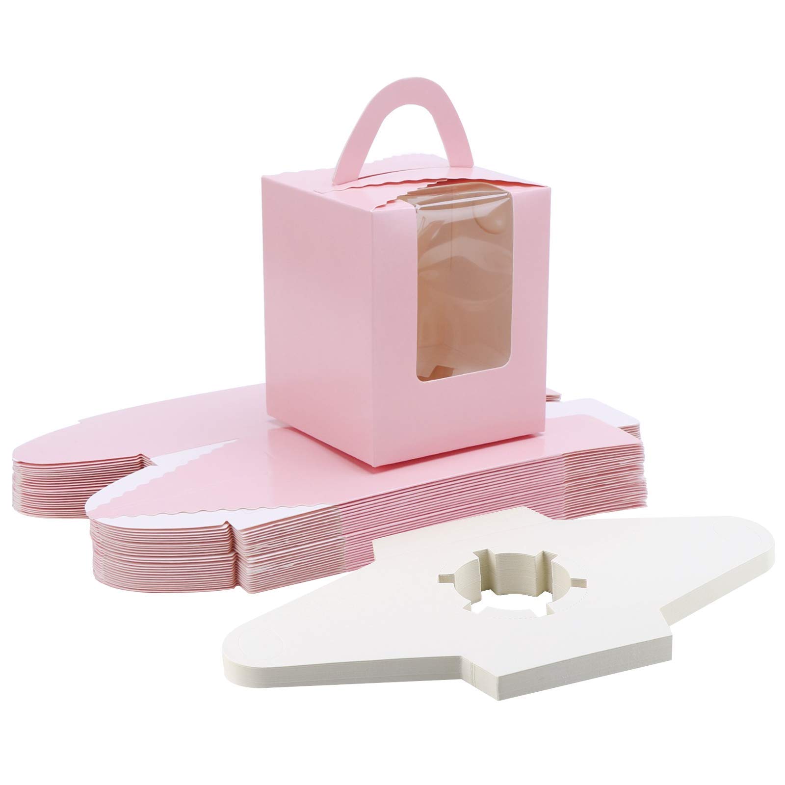 Individual Cupcake Boxes, 25pcs 3.6"x 3.6"x 4.3" Single Cupcake Carrier Containers, Muffin Cupcake Gift Boxes with Window Inserts Handle, for Wedding Birthday Party Treats Gift Packaging Boxes