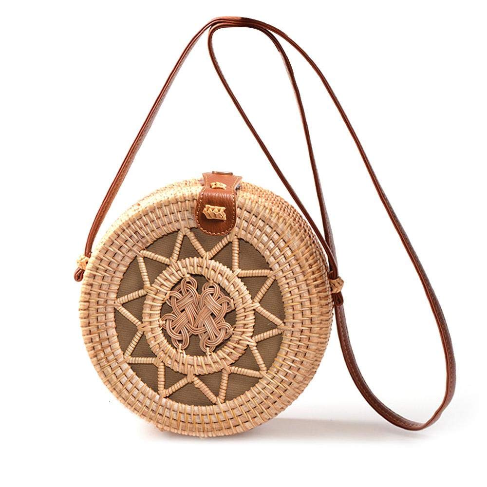 Rattan Bag，Bali Straw Bag,Umiwe Handwoven Vietnamese Round Rattan Bag for Women,Boho Travel Shoulder Bag with Adjustable Leather Straps.