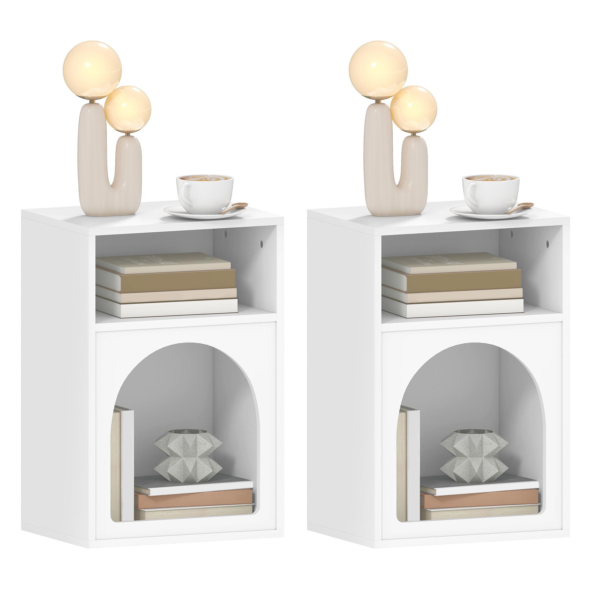 HOMCOM Lot de 2 Tables de Chevet, Table de Nuit avec Compartiments Ouverts, Design arqué, Chevet de lit pour Chambre à Coucher, Salon, 40 x 30 x 60 cm, Blanc