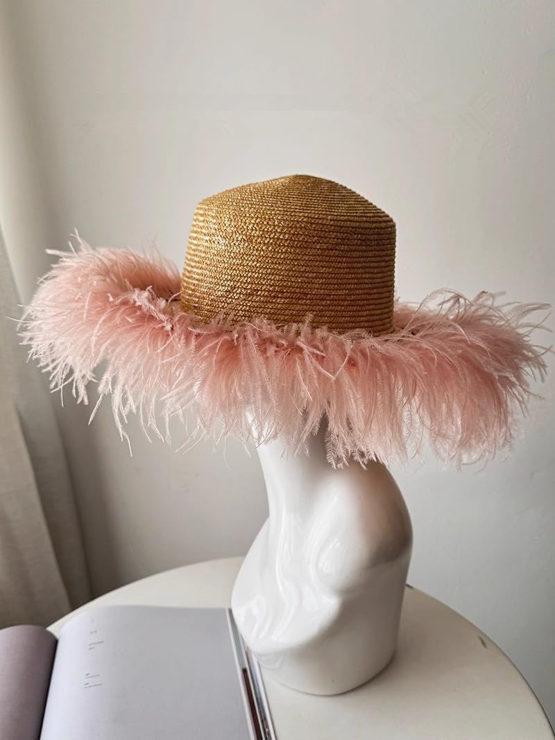 REALFUR NU-185 Women's Trendy Straw Sun Hat with Fluffy Ostrich Feather Tassel Fur Trim for Sun Protection Beach Hats