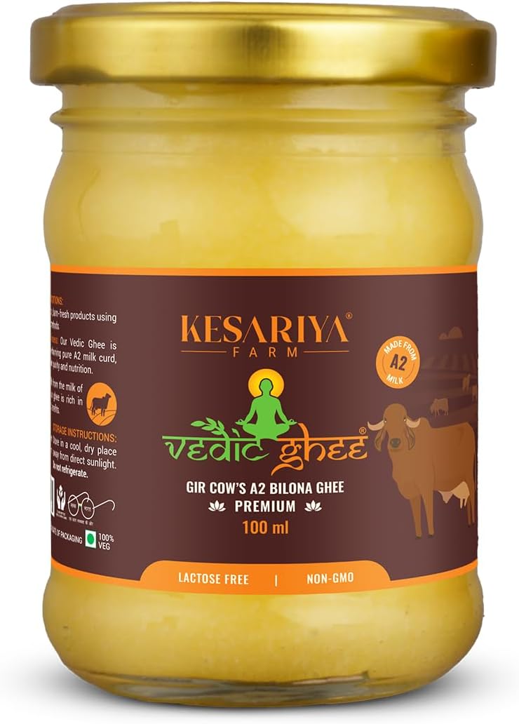Vedic Ghee Premium A2 Gir Cow Cultured Desi Ghee by Kesariya Farm | Vedic Bilona Two Way Churned | Indian Gir Cow Ghee, Pure A2 Ghee, Natural & Healthy, Non-GMO | Lab Certified (100 ml)