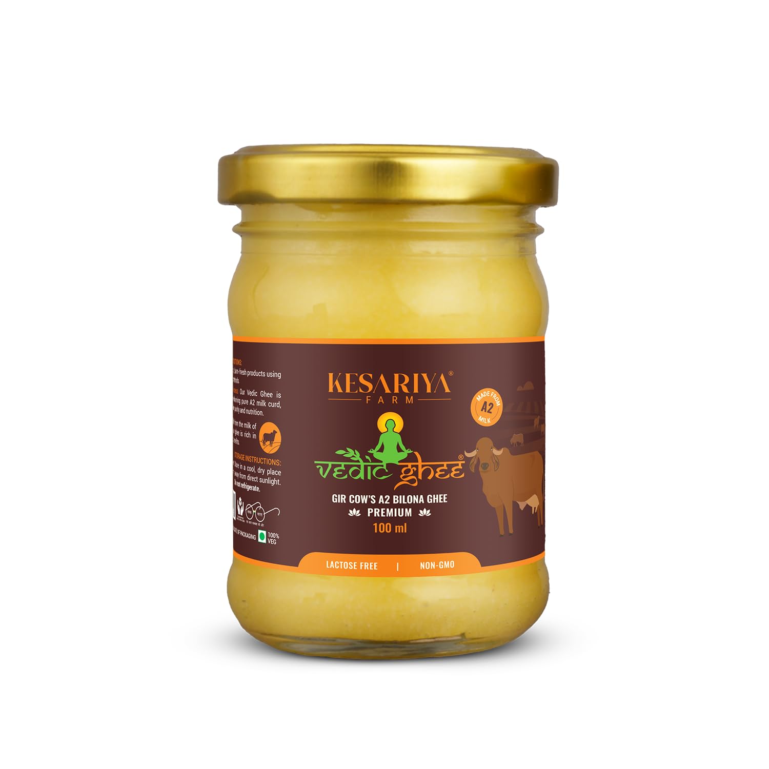 Premium A2 Gir Cow Cultured Desi Ghee from Kesariya Farm | Vedic Bilona Two Way Churned | Indian Gir Cow Ghee, Pure A2 Ghee, Natural & Healthy, Non-GMO | Lab Certified (100ml)