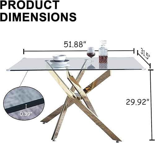 Miniatura 1 de Mesa de comedor de cristal de 51 pulgadas para 4, mesa de comedor rectangular contemporánea con parte superior de vidrio templado y patas de acero