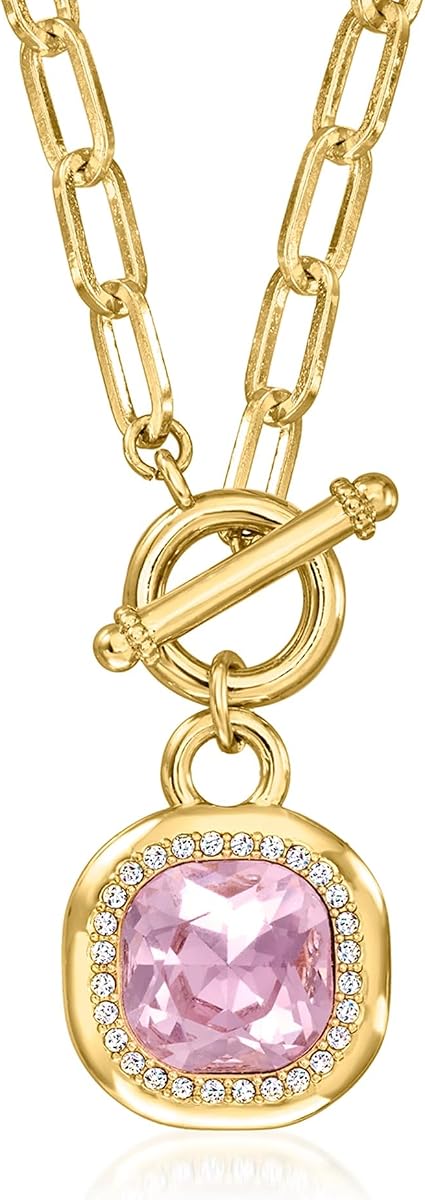 Collar de palanca chapado en oro amarillo de 14 quilates con piedras preciosas rosas y blancas de imitación. 18 pulgadas