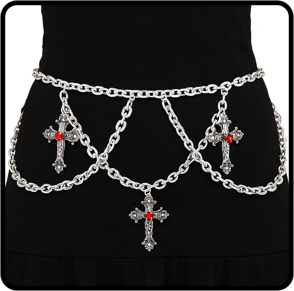 Silver Cross Chain Belt Gothic Waist Chain Heart Punk Chain Belts Dress Adjustable Body Jewelry for Women