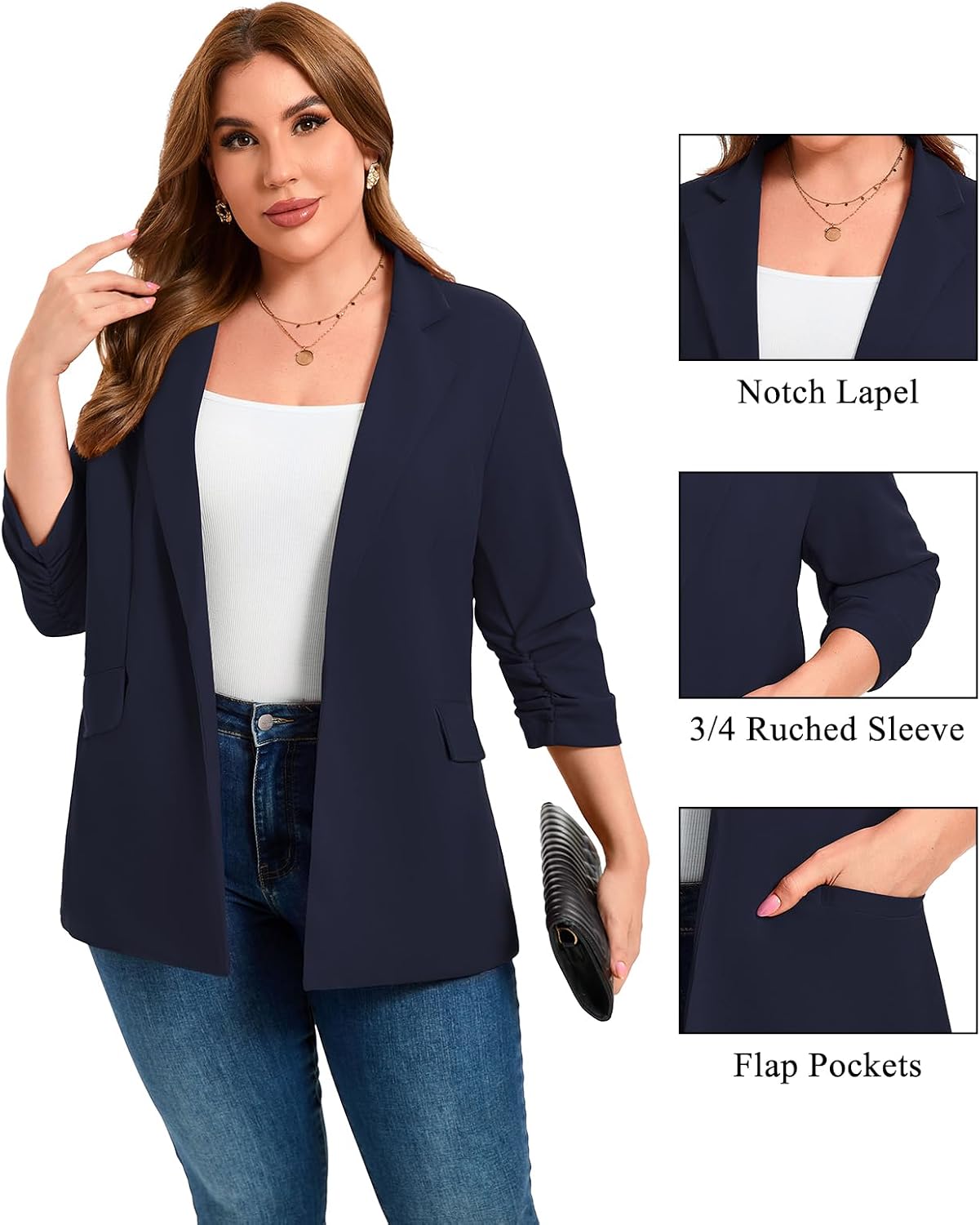 Plus Size Blazers for Women Casual Work Office 3/4 Sleeve Open Front Cardigan Suit Jacket Blazer with Pockets