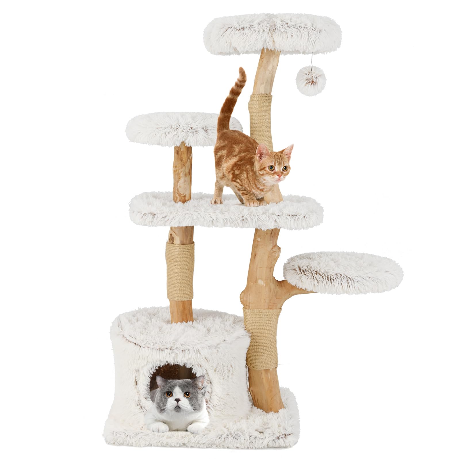 GYMAX Solid Wood Cat Tree, Modern Wooden Cat Tower with Perch, Condo, Scratching Posts and Dangling Ball, Multi-level Cats Tree for Indoor Cats Kittens
