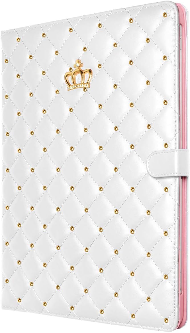 Topwin Cute Crown Case for iPad Pro 12.9-inch (6th & 5th Gen), Bling Diamond PU Leather Smart Auto Sleep/Wake Kickstand Shockproof Flip Case for 12.9 Pro (White)