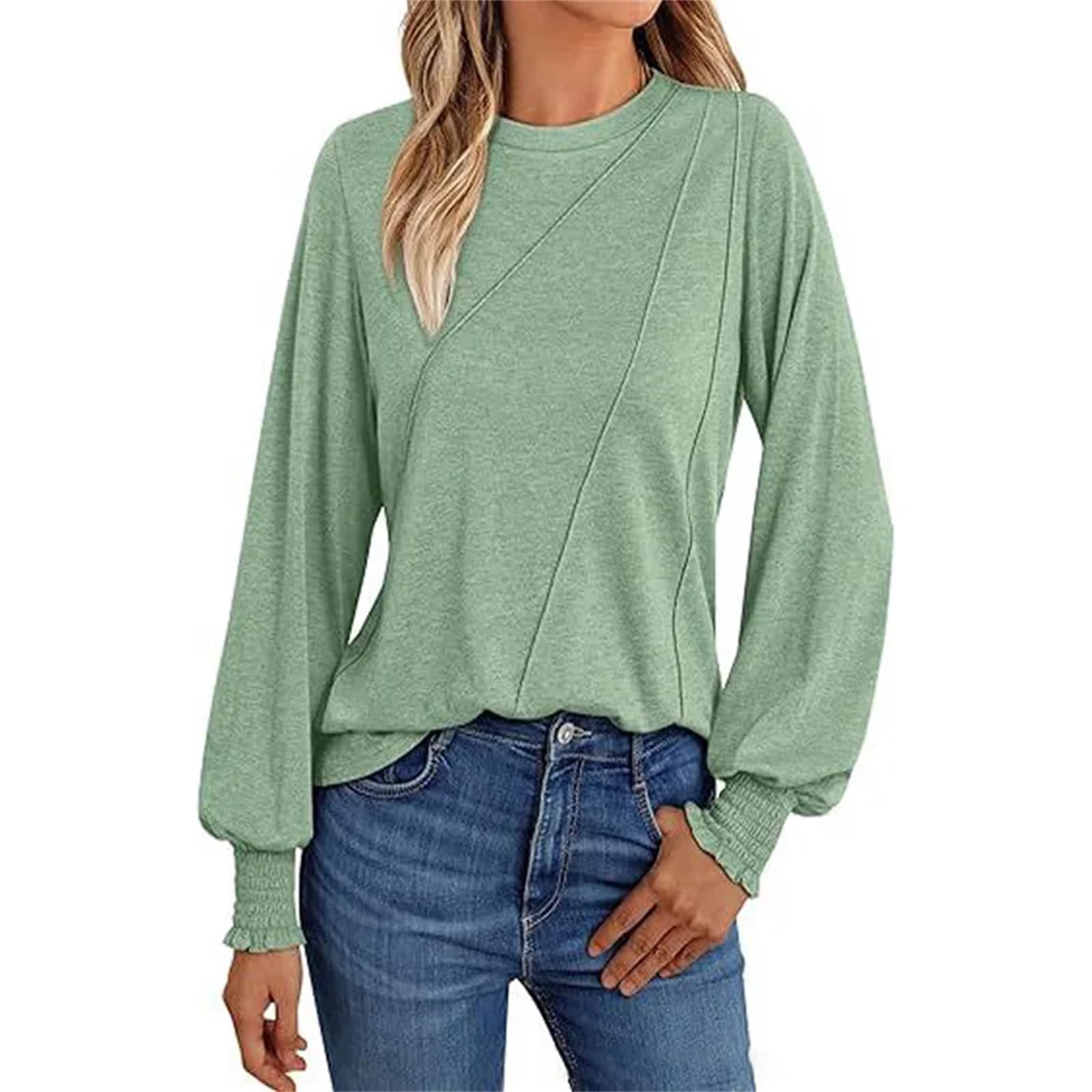 Camiseta holgada de manga larga con cuello redondo para mujer, color liso, plisada, casual